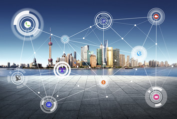 Shanghai China city scape and network connection concept