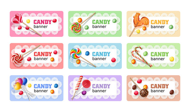 Set of sweet lollipop vector banners.