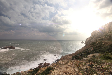 Sunset over Mountain and coastal scenery in South China