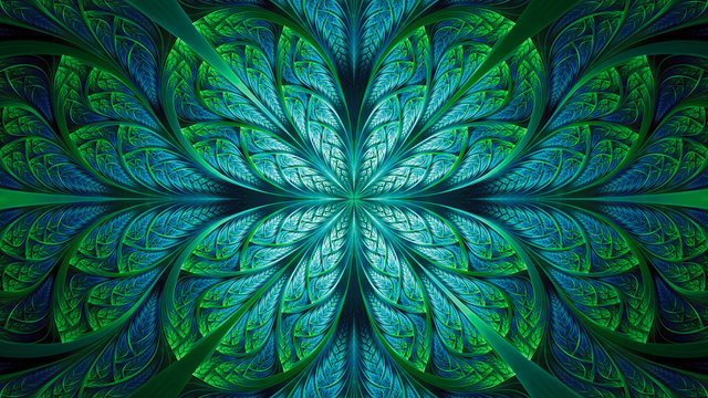 Fototapeta Fraktal streszczenie tło, niebiesko-zielony wzór mozaiki z zakrzywionymi paskami