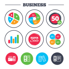 Business pie chart. Growth graph. Accounting icons. Document storage in folders sign symbols. Super sale and discount buttons. Vector