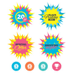 Shopping night, black friday stickers. First, second and third place icons. Award medals sign symbols. Prize cup for winner. Special offer. Vector