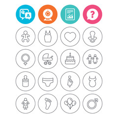 Baby and Maternity icons. Toddler, diapers and child footprint symbols. Heart, birthday cake and pacifier thin outline signs. Pregnant woman, couple and air balloons. Vector