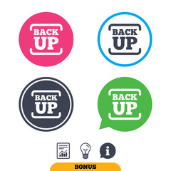 Backup date sign icon. Storage symbol with arrow. Report document, information sign and light bulb icons. Vector