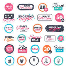 Sale shopping stickers and banners. Bar or Pub icons. Glass of beer and champagne signs. Alcohol drinks and cocktail symbols. Website badges. Black friday. Vector