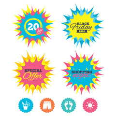 Shopping night, black friday stickers. Beach holidays icons. Cocktail, human footprints and swimming trunks signs. Summer sun symbol. Special offer. Vector
