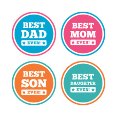 Best mom and dad, son and daughter icons. Awards with exclamation mark symbols. Colored circle buttons. Vector