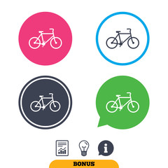 Bicycle sign icon. Eco delivery. Family vehicle symbol. Report document, information sign and light bulb icons. Vector