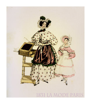 1831 fashion, French magazine La Mode presents lady with girl with fancy dress, frills, hat and apron indoors