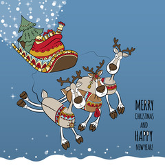 Naklejka premium Merry Christmas card with Christmas tree, snow, sled and deers