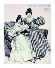 Fototapeta na wymiar 1832 fashion, french magazine La Mode presents two young ladies at home with fancy dresses and hairdo