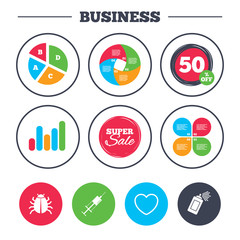 Business pie chart. Growth graph. Bug and vaccine syringe injection icons. Heart and spray can sign symbols. Super sale and discount buttons. Vector