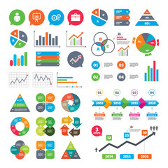 Business charts. Growth graph. Business icons. Human silhouette and presentation board with charts signs. Case and gear symbols. Market report presentation. Vector