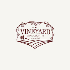 Landscape with vineyard fields, villa, trees. Outline vector illustration of rural landscape. Trendy concept for wine list, bar or restaurant menu, labels and package. 
