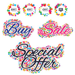 Sale confetti labels and banners. Buy now arrow icon. Online shopping signs. Dollar, euro and pound money currency symbols. Special offer sticker. Vector