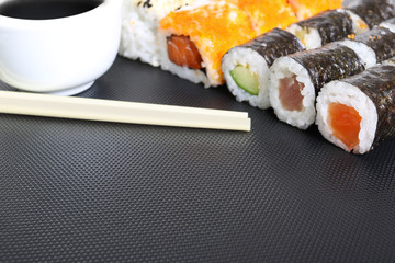 Chopsticks, sushi and soy sauce - Copyspace