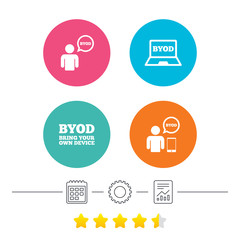 BYOD icons. Human with notebook and smartphone signs. Speech bubble symbol. Calendar, cogwheel and report linear icons. Star vote ranking. Vector