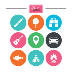 Camping, tourism icons. Fishing, campfire and tent signs. Guitar music, knife and binoculars instruments. Colorful flat buttons with icons. Vector