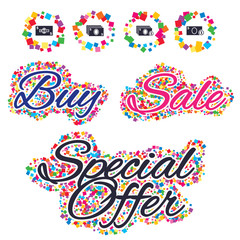 Sale confetti labels and banners. Businessman case icons. Currency with coins sign symbols. Special offer sticker. Vector