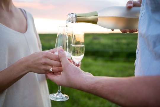 Close-up of couple having champagne in field