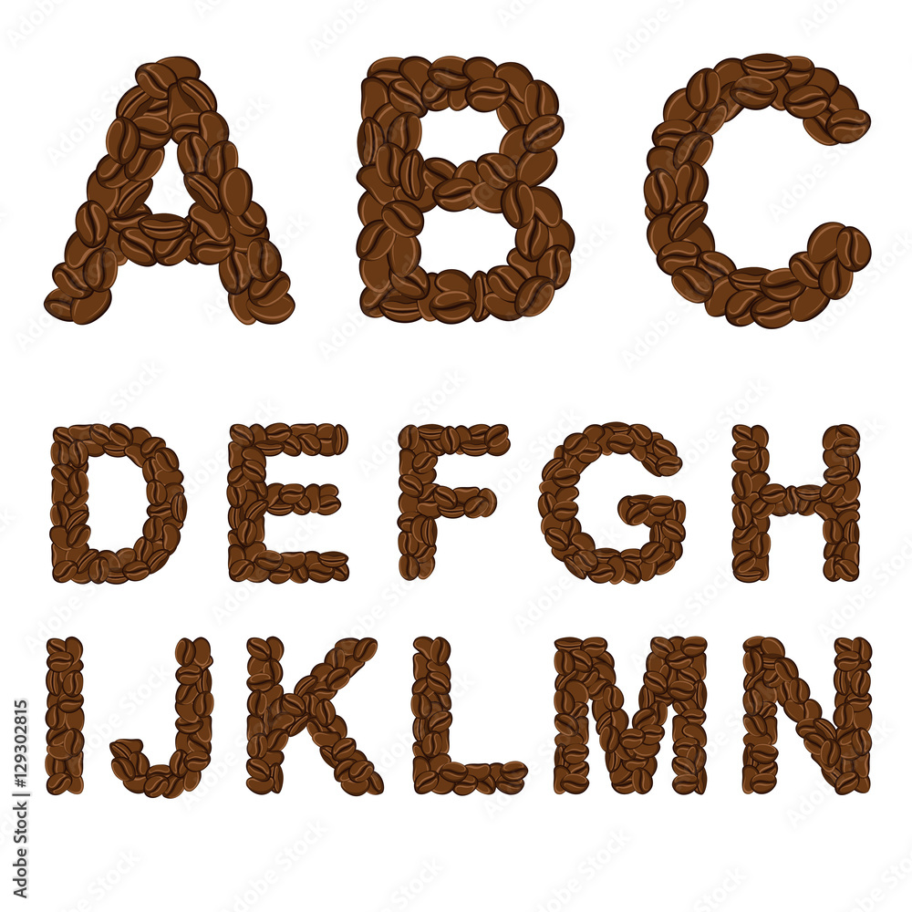 Poster alphabet of coffee from a to n. isolated objects on white.