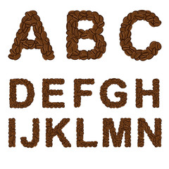 Alphabet of coffee from A to N. Isolated objects on white.