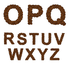 Alphabet of coffee from O to Z. Isolated objects on white.