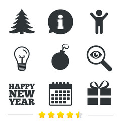 Happy new year icon. Christmas tree and gift box sign symbols. Information, light bulb and calendar icons. Investigate magnifier. Vector