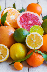Various citrus fruits (orange, grapeftuit, lemon, mandarine, lime)