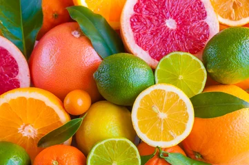 Fotobehang Vruchten Diverse citrusvruchten (sinaasappel, grapeftuit, citroen, mandarijn, limoen)