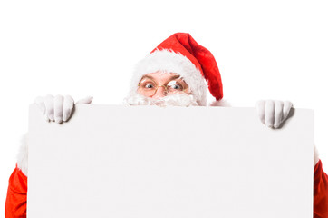 Santa Claus with blank billboard, isolated on white background