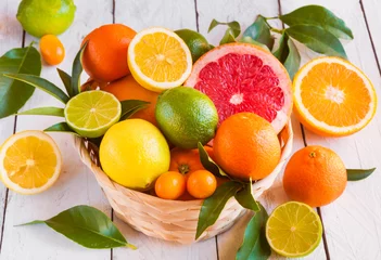Fototapete Früchte Diverse Zitrusfrüchte (Orange, Grapeftuit, Zitrone, Mandarine, Limette)