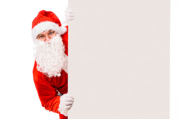 Santa Claus with blank billboard, isolated on white background