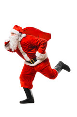 Santa Claus running at New Year or Christmas delivery rush with gift bag full of presents on white background