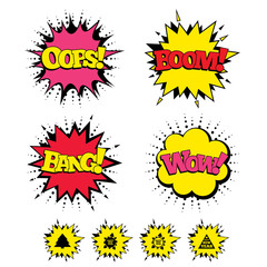 Comic Boom, Wow, Oops sound effects. Happy new year icon. Christmas trees signs. World globe symbol. Speech bubbles in pop art. Vector