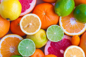Various citrus fruits (orange, grapeftuit, lemon, mandarine, lime) - obrazy, fototapety, plakaty