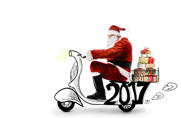 Santa Claus driving scooter to deliver Christmas or New Year gifts, isolated on white background