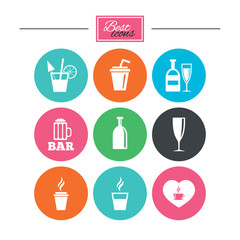 Beer, coffee and tea icons. Beer, wine and cocktail signs. Soft and alcohol drinks symbols. Colorful flat buttons with icons. Vector