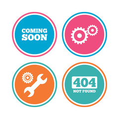 Coming soon icon. Repair service tool and gear symbols. Wrench sign. 404 Not found. Colored circle buttons. Vector