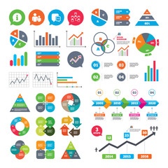 Business charts. Growth graph. Information sign. Group of people and database symbols. Chat speech bubbles sign. Communication icons. Market report presentation. Vector