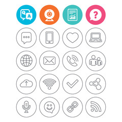 Communication icons. Smartphone, laptop and speech bubble symbols. Wi-fi and Rss. Online love dating, mail and globe thin outline signs. Report document, question and answer icons. Web camera sign