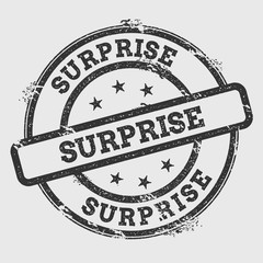 SURPRISE rubber stamp isolated on white background. Grunge round seal with text, ink texture and splatter and blots, vector illustration.