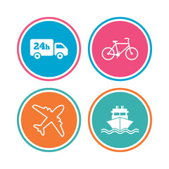 Cargo truck and shipping icons. Shipping and eco bicycle delivery signs. Transport symbols. 24h service. Colored circle buttons. Vector