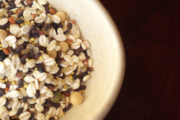 Cereals and beans in a white china bowl