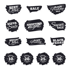 Ink brush sale stripes and banners. Sale discount icons. Special offer stamp price signs. 10, 20, 25 and 30 percent off reduction symbols. Black friday. Ink stroke. Vector