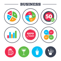 Business pie chart. Growth graph. Drinks icons. Take away coffee cup and glass of beer symbols. Wine glass and cocktail signs. Super sale and discount buttons. Vector