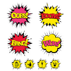 Comic Boom, Wow, Oops sound effects. Alcoholic drinks icons. Champagne sparkling wine and beer symbols. Wine glass and cocktail signs. Speech bubbles in pop art. Vector
