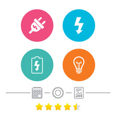 Electric plug icon. Lamp bulb and battery symbols. Low electricity and idea signs. Calendar, cogwheel and report linear icons. Star vote ranking. Vector