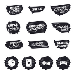Ink brush sale stripes and banners. Bowling and Casino icons. Video game joystick and playing card with dice symbols. Entertainment signs. Black friday. Ink stroke. Vector