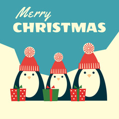 Vector retro styled illustration of three penguins in red knit hats with pompoms standing near gift boxes. Polar landscape on the background, text 
